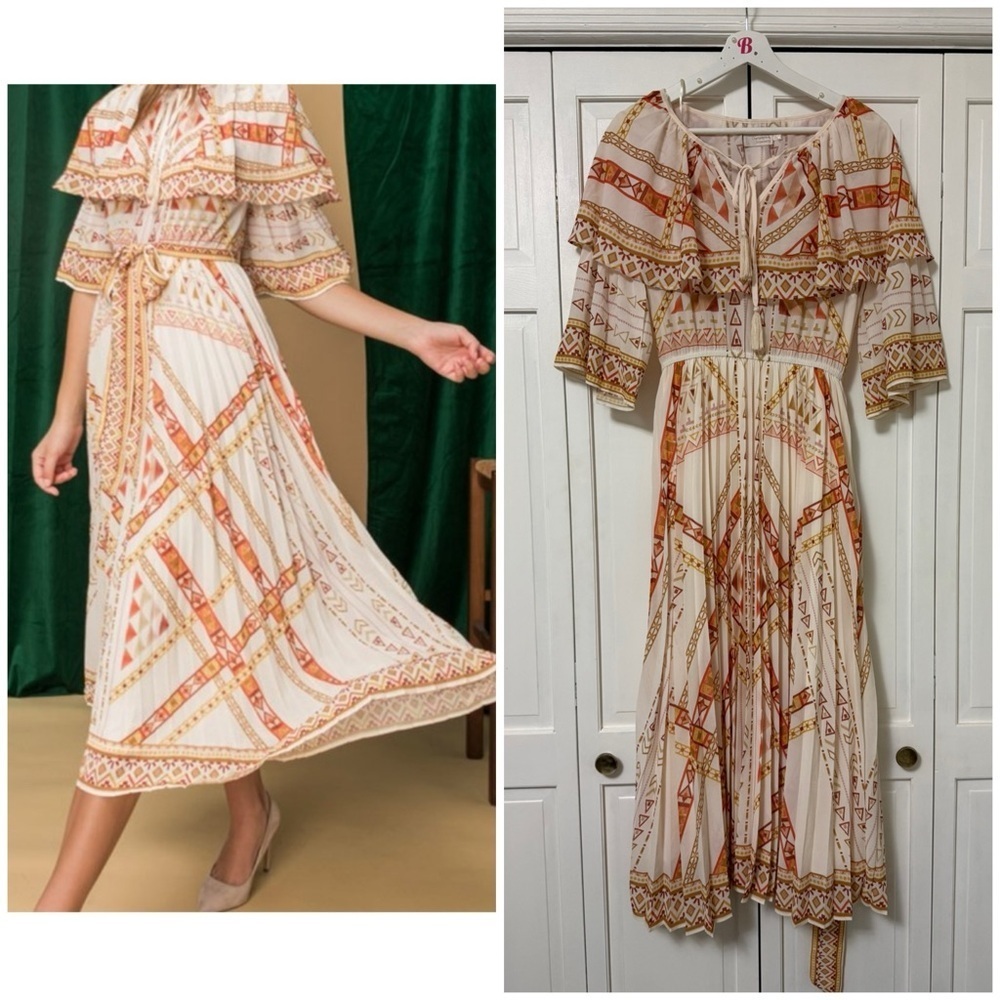Champagne and Strawberry Womenโs Medium Pleated Prairie Style Midi Dress Boho